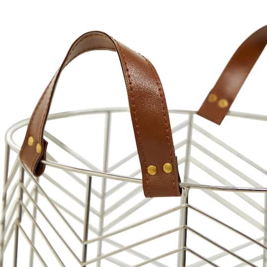CosmoLiving by Cosmopolitan Silver Metal Storage Basket with Faux Leather Handles Set of 3 16", 14